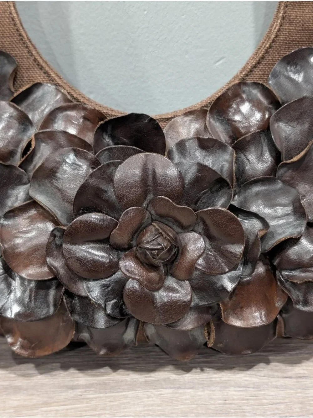 Paolo Masi Italian Leather and Brown Canvas Shoulder Bag Floral Applique Boho